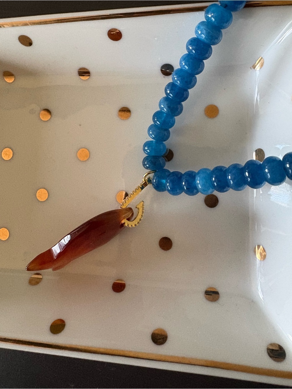 New Anthropologie Ocean Blue Beaded Necklace w/ Carnelian Fish Pendant - Picture 3 of 6